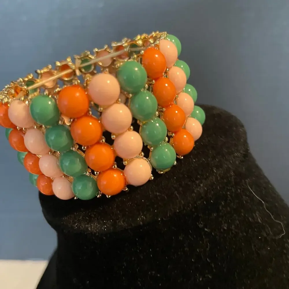 Vintage beaded statement bracelet multi color beads gold tone boho jewelry